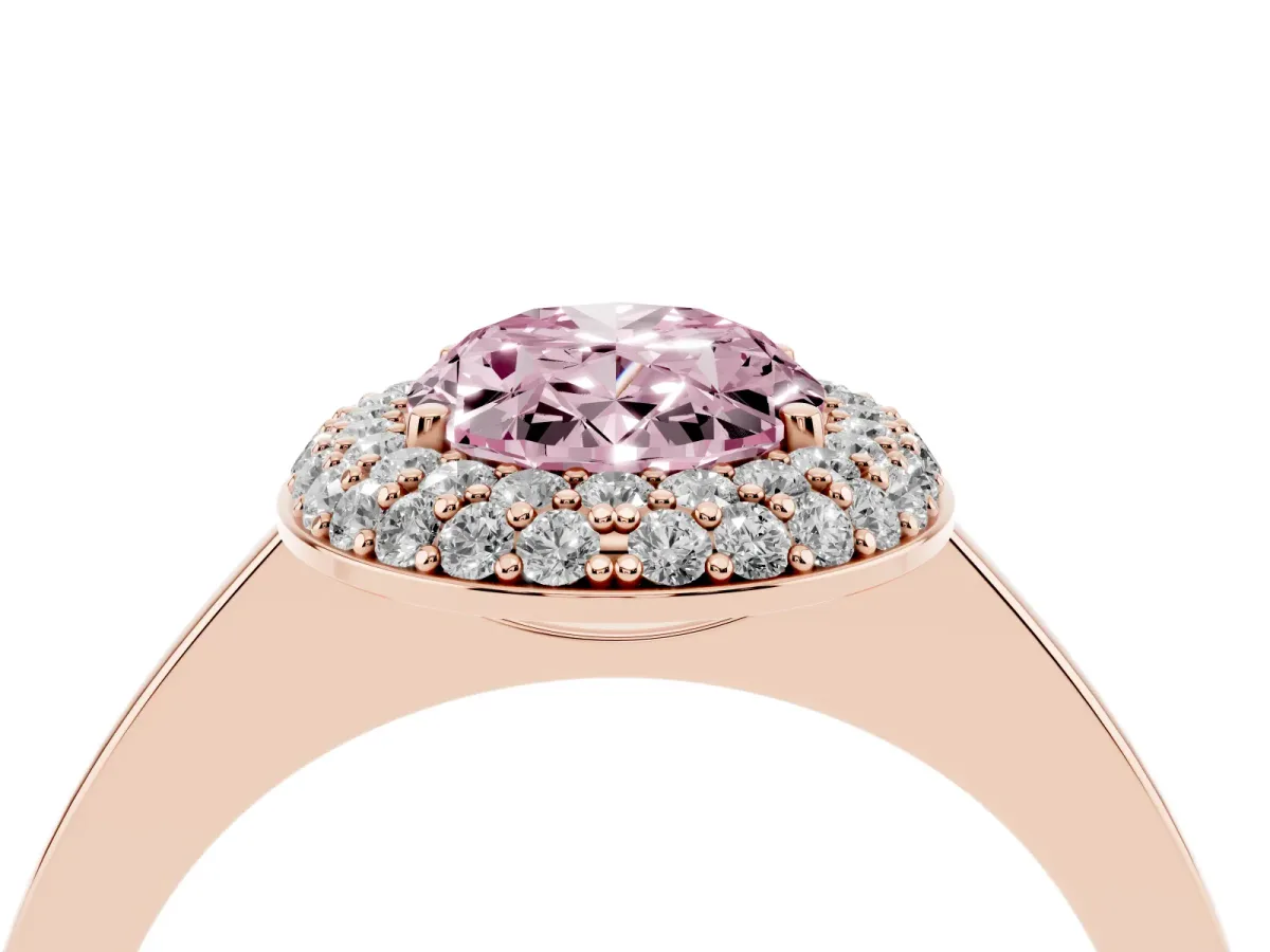 Fancy Pink Oval Cut Halo Diamond Engagement Ring with Solitaire Band and Four-Prong Setting Rose gold