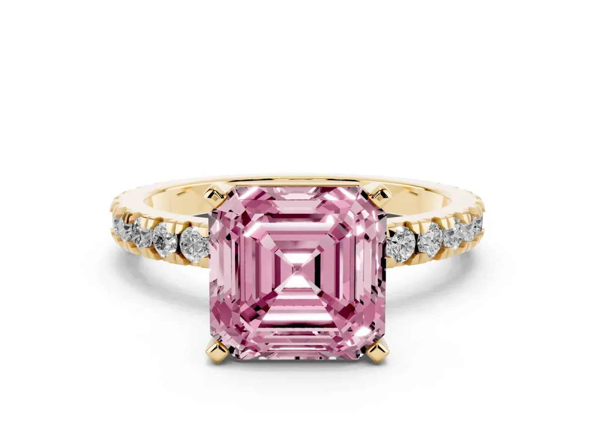 Fancy Pink Asscher Cut Diamond Pavé Band Solitaire with Four-Prong Setting Yellow gold