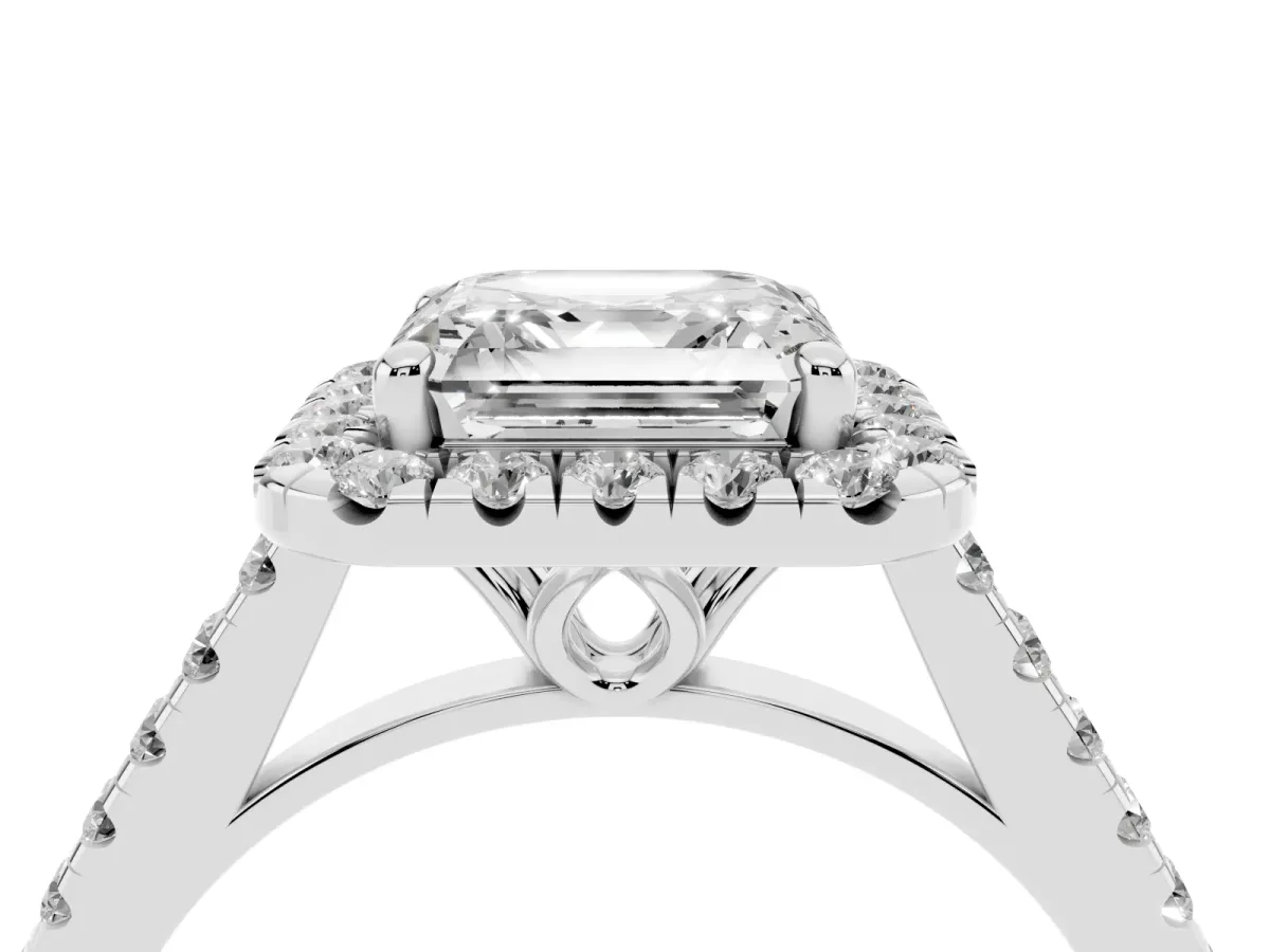 Asscher Cut Halo Pavé Diamond Engagement Ring with Four-Prong Setting Silver