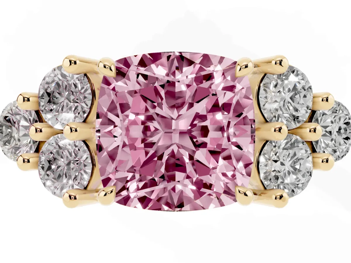 Fancy Pink Cushion Cut Brilliant Diamond Cluster Accent Solitaire Ring with Prong Setting Yellow gold
