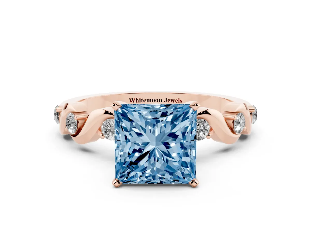 Fancy Blue Princess Cut Diamond Solitaire Twisted Band with Round Accents and Prong Setting Rose gold