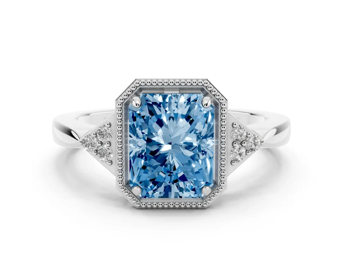 Fancy Blue Hexagonal Halo Radiant Cut Diamond Solitaire with Pavé Band and Four-Prong Setting Silver