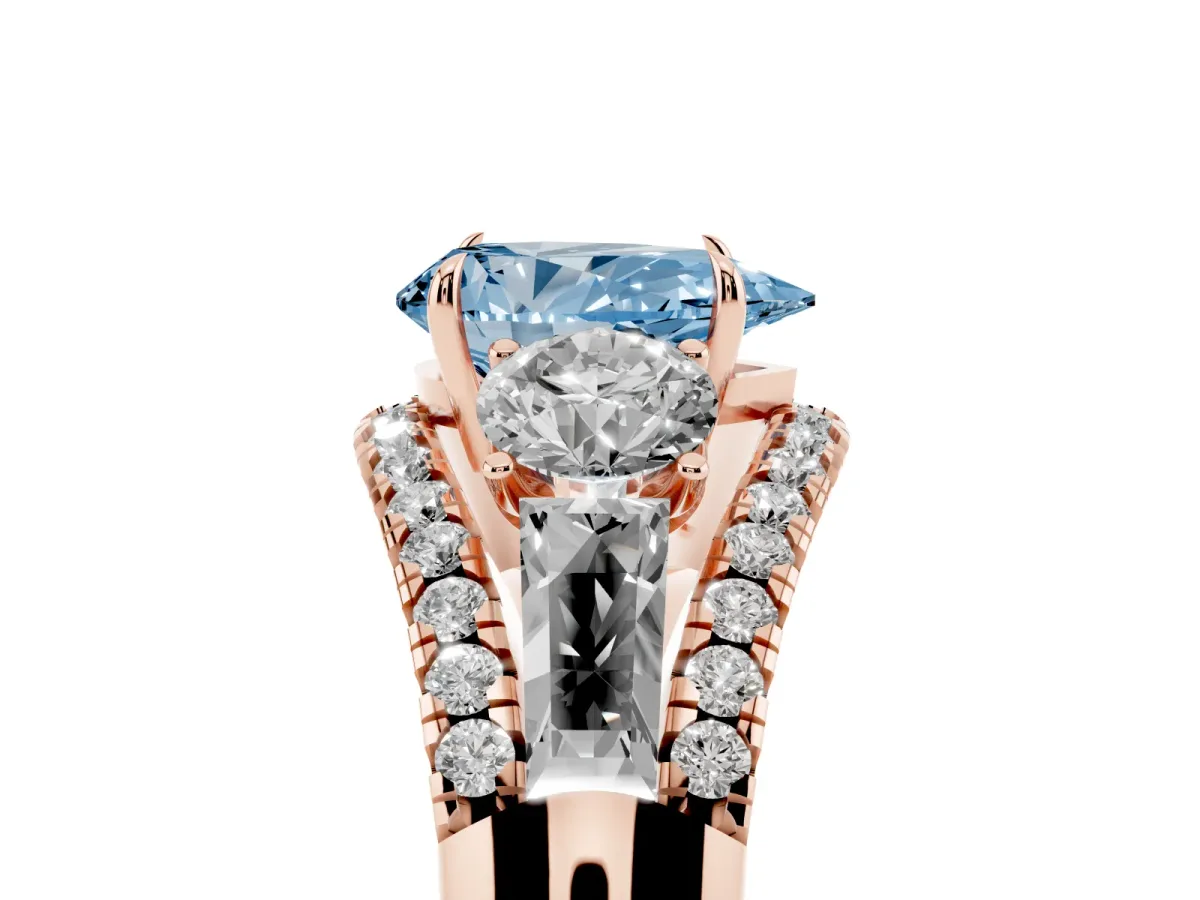 Fancy Blue Three-Stone Pear Cut Diamond Engagement Ring with Pave Band and Prong Setting Rose gold