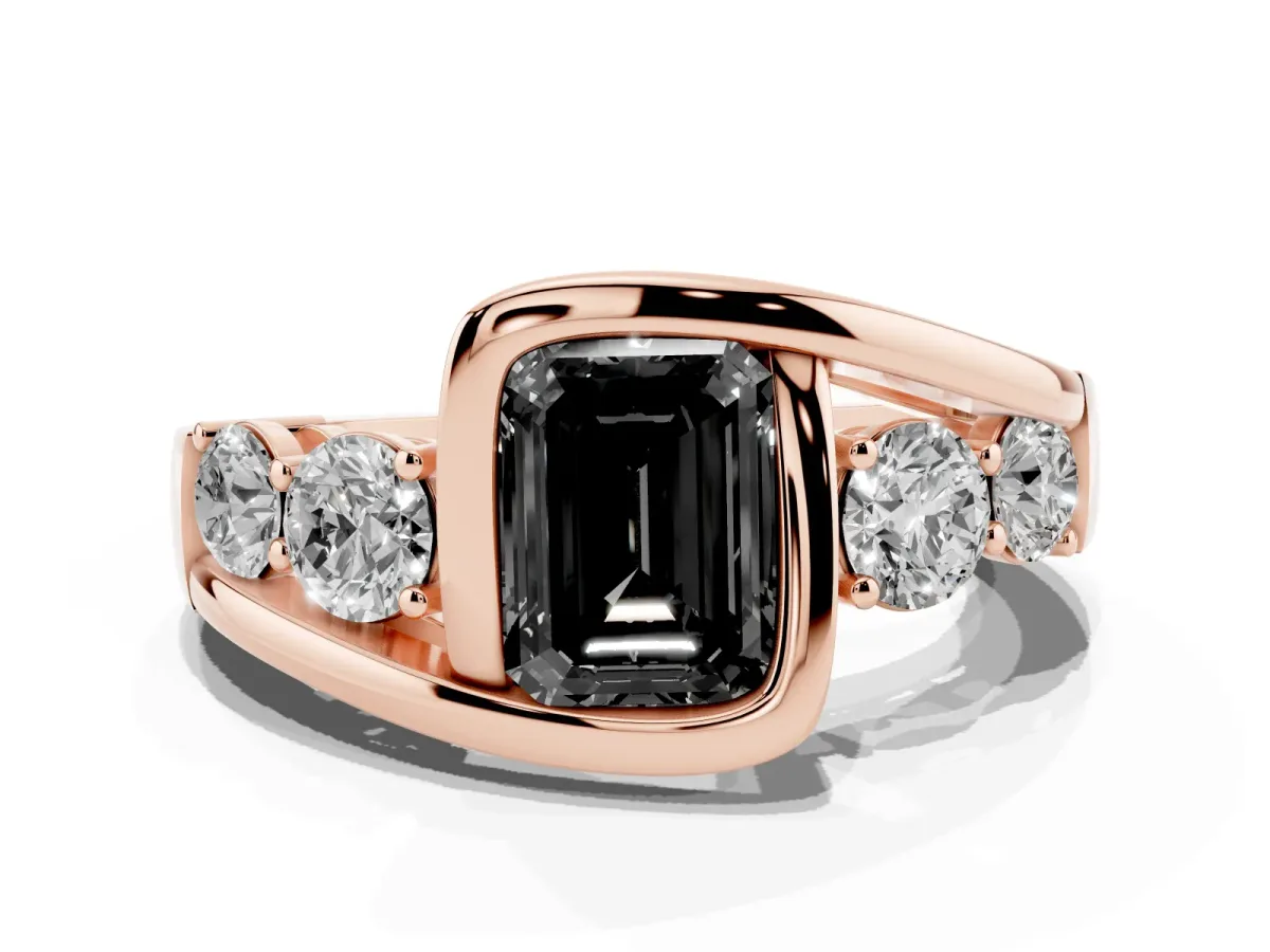 Fancy Black Bezel Set Emerald Cut Diamond Bypass Ring with Round Accents Rose gold