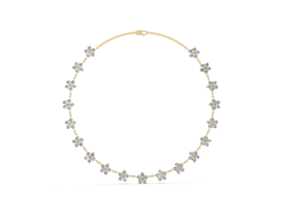 Round Diamond Floral Station Necklace with Diamond Accents Yellow gold