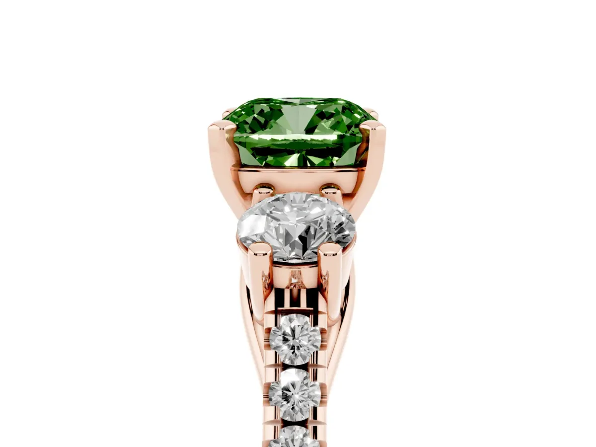 Fancy Green Three-Stone Cushion Cut Diamond Pavé Band with Four-Prong Setting Rose gold