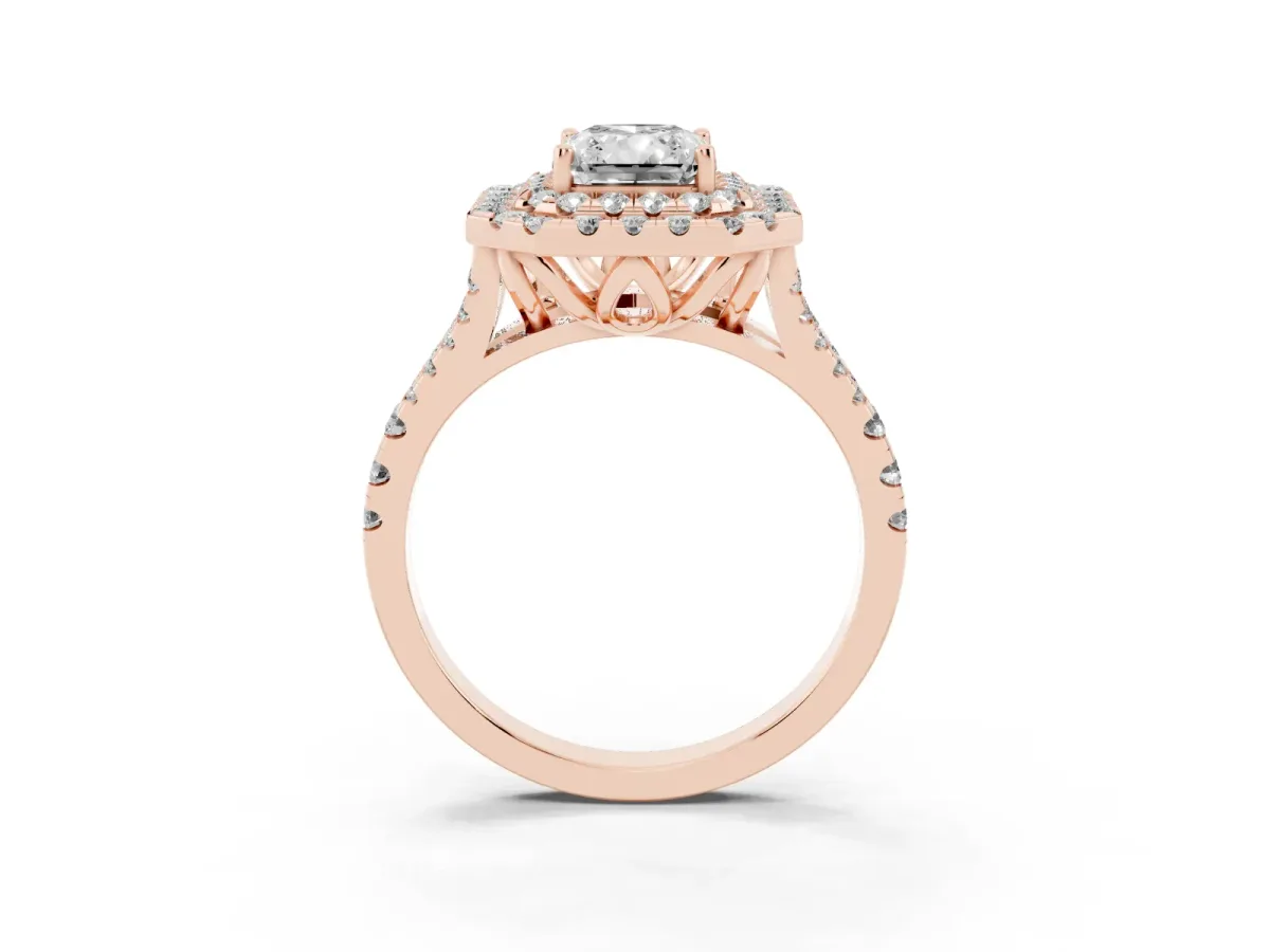 Double Halo Radiant Cut Diamond Pavé Split Shank Ring with Prong Setting Rose gold