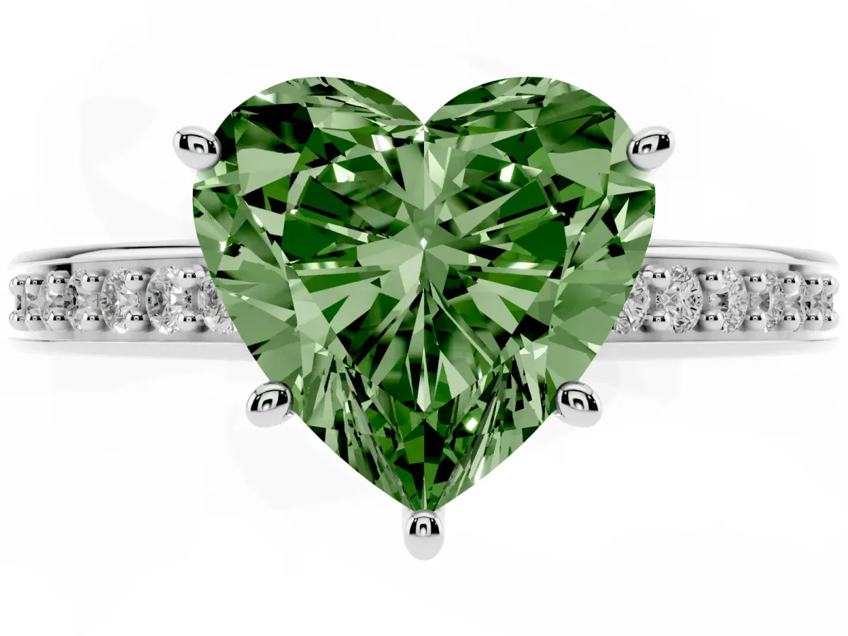 Fancy Green Heart Cut Solitaire Pavé Band Prong Setting Ring Silver