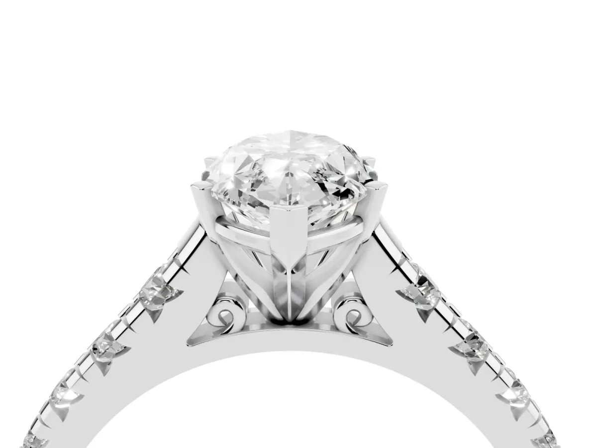 Marquise Cut Diamond Cathedral Solitaire Ring with Round Pavé Band Silver