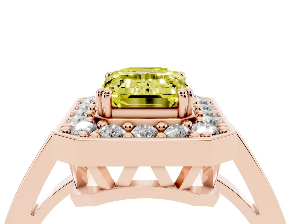 Fancy Yellow Emerald Cut Diamond Halo Ring with Split Shank and Four-Prong Setting Rose gold