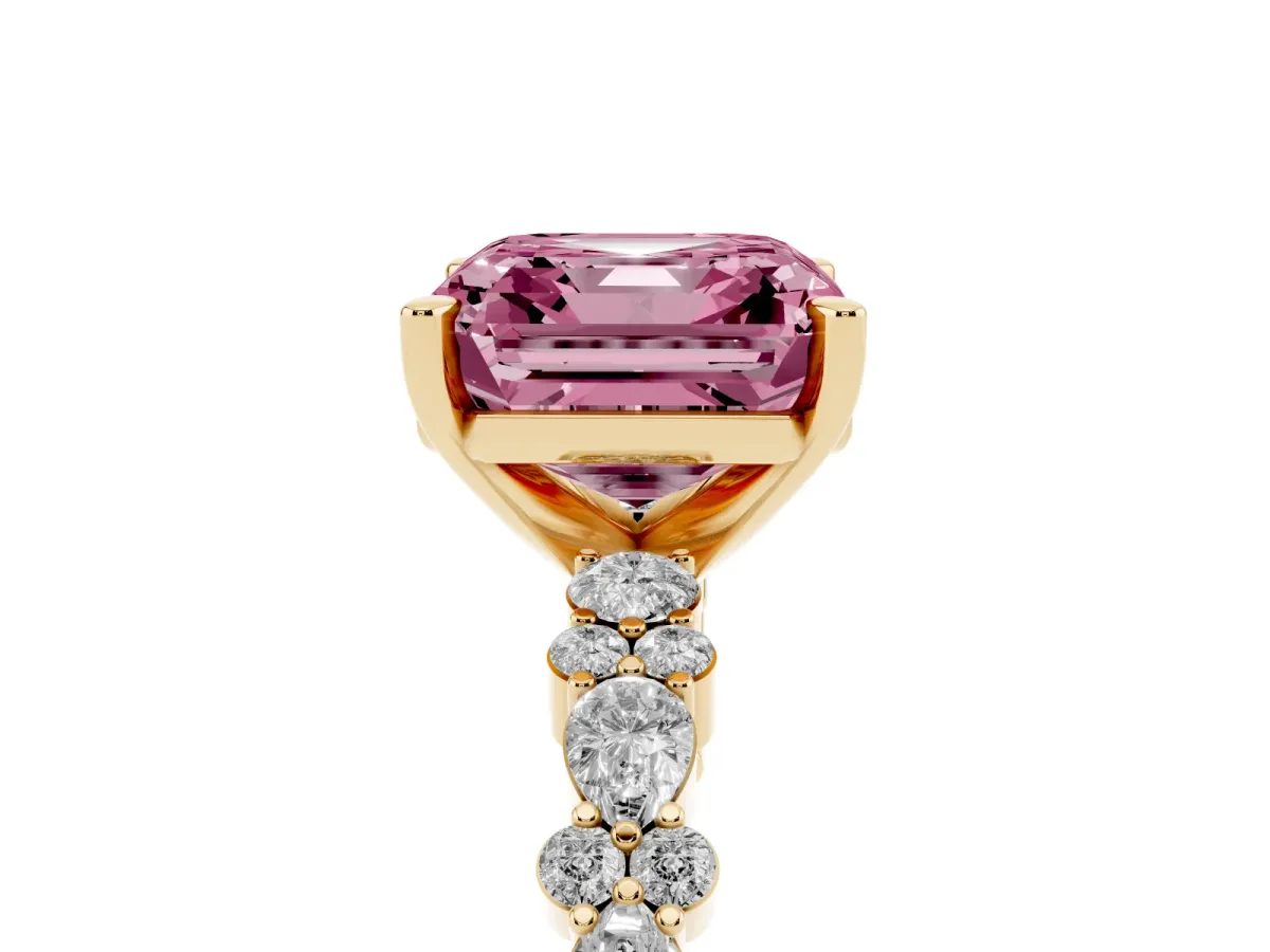 Fancy Pink Asscher Cut Diamond Side Stone Solitaire Ring with Round and Four-Prong Setting Yellow gold