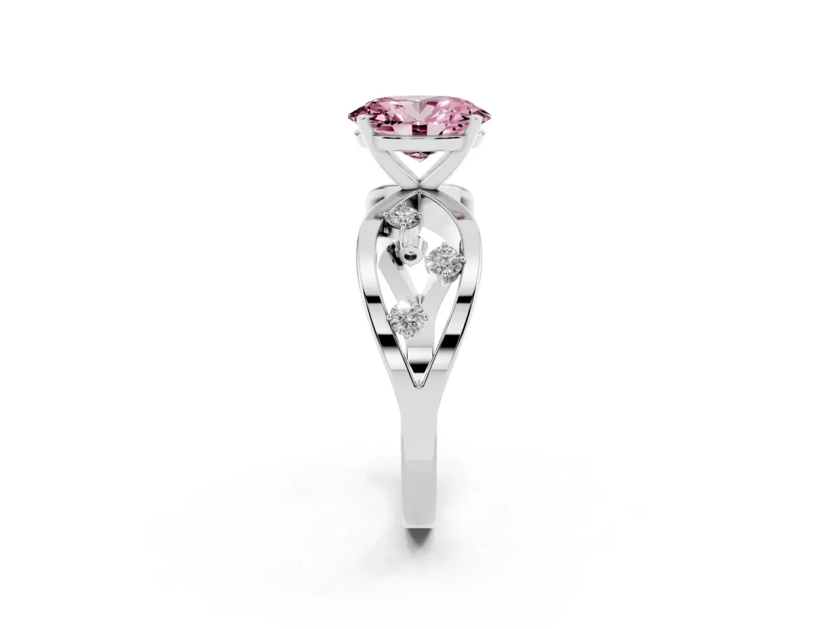 Fancy Pink Oval Cut Cut Solitaire Diamond with Side Stones on Criss-Cross Band and Four-Prong Setting Platinum