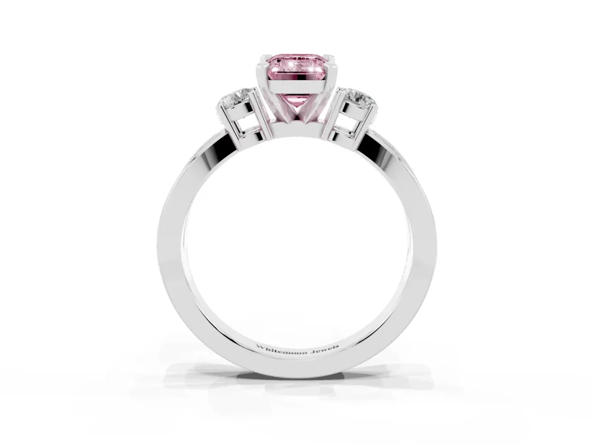 Fancy Pink Three-Stone Emerald Cut Cut Diamond Twist Band with Prong Setting Platinum