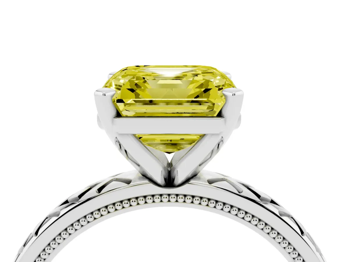Fancy Yellow Asscher Cut Solitaire Diamond Ring with Milgrain and Black Enamel X Pattern Band Silver