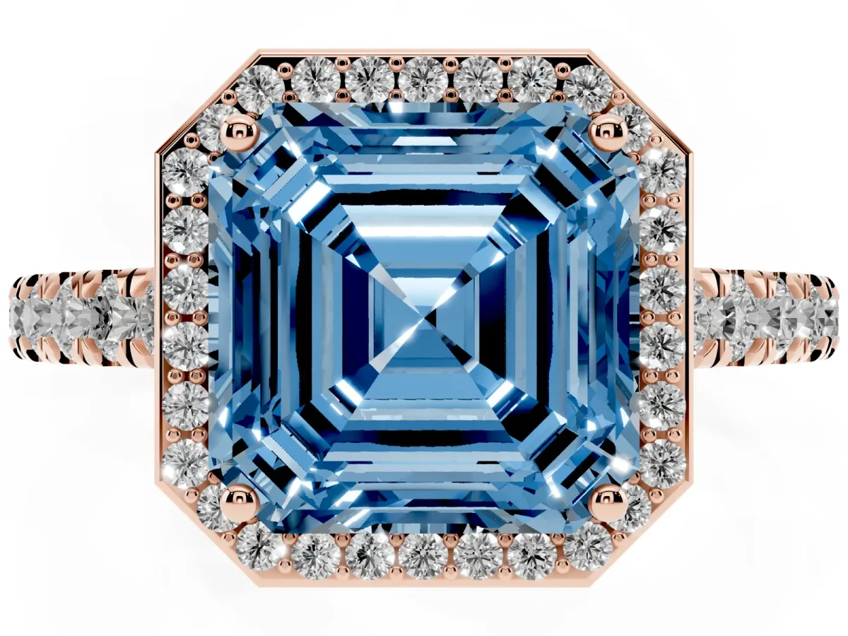 Fancy Blue Asscher Cut Cut Halo Diamond Engagement Ring with Pave Band and Four-Prong Setting Rose gold