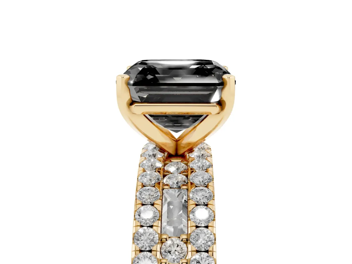 Fancy Black Asscher Cut Diamond Solitaire Ring with Pavé and Channel Set Band Yellow gold