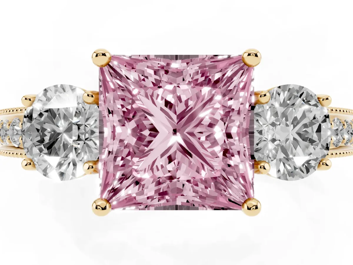 Fancy Pink Princess Cut Three-Stone Diamond Ring with Pavé Band and Four-Prong Setting Yellow gold