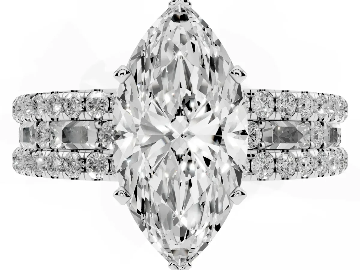 Marquise Cut Diamond Solitaire Ring with Pavé and Channel Set Band Silver