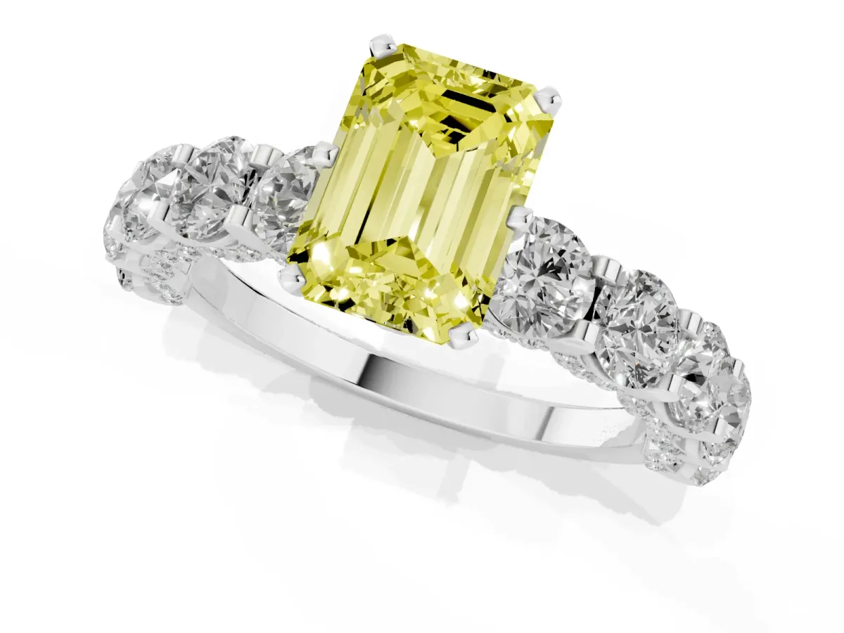 Fancy Yellow Emerald Cut Diamond Side Stone Engagement Ring with Four-Prong Setting Silver