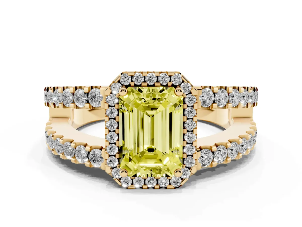 Fancy Yellow Emerald Cut Cut Halo Split Shank Diamond Ring with Four-Prong Setting Yellow gold