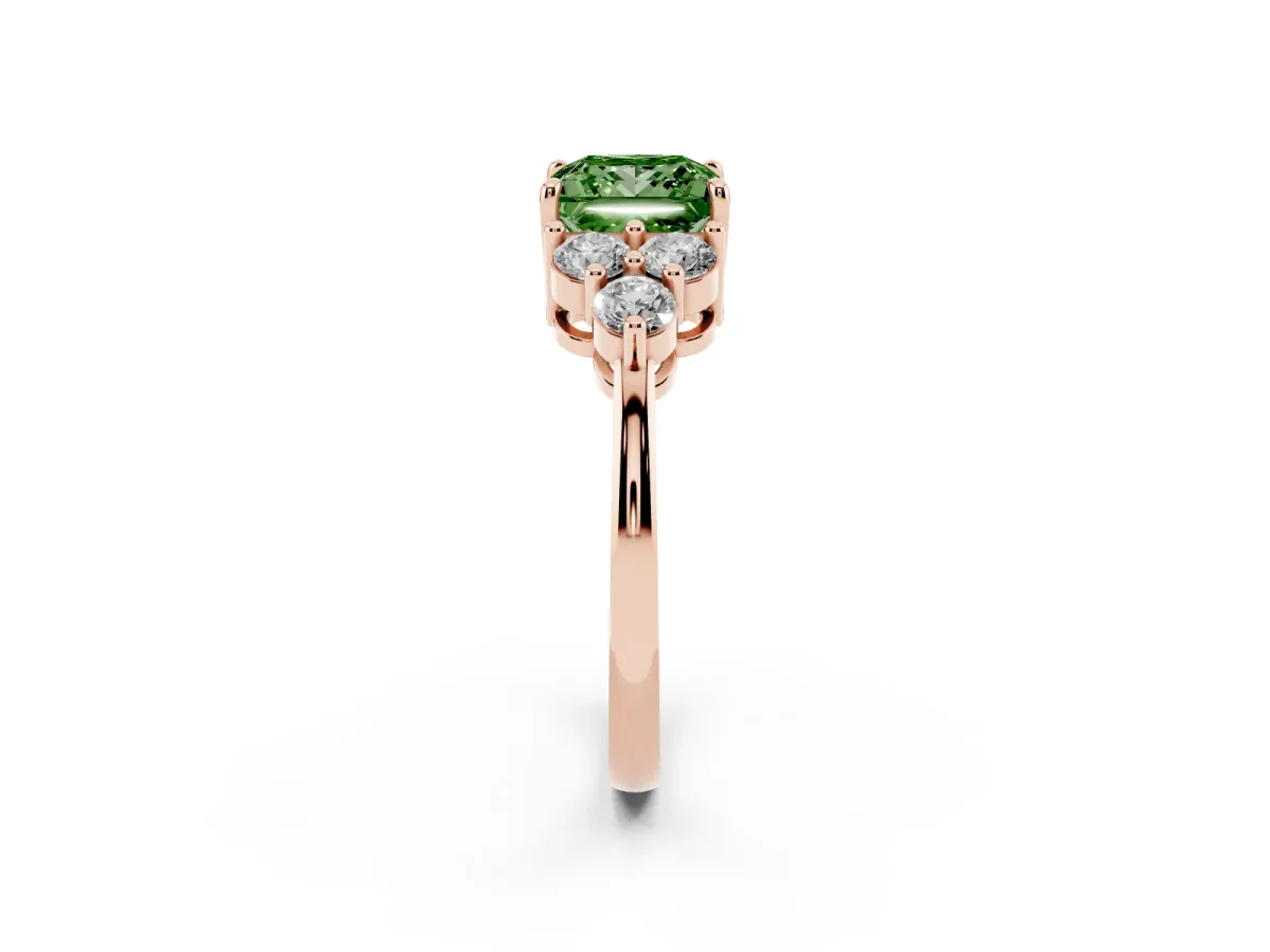 Fancy Green Princess Cut Brilliant Diamond Cluster Accent Solitaire Ring with Prong Setting Rose gold
