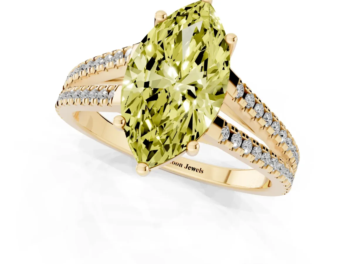 Fancy Yellow Marquise Cut Diamond Solitaire Engagement Ring with Split Shank Pavé Band Yellow gold