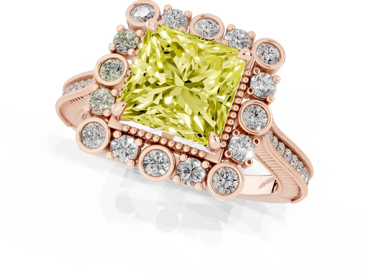 Fancy Yellow Princess Cut Halo Milgrain Pave Diamond Ring with Four-Prong Setting Rose gold