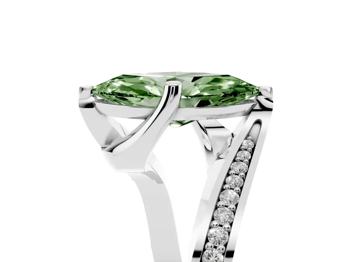 Fancy Green Marquise Cut Solitaire Diamond Twist Band with Pavé Setting and Four-Prong Setting Silver