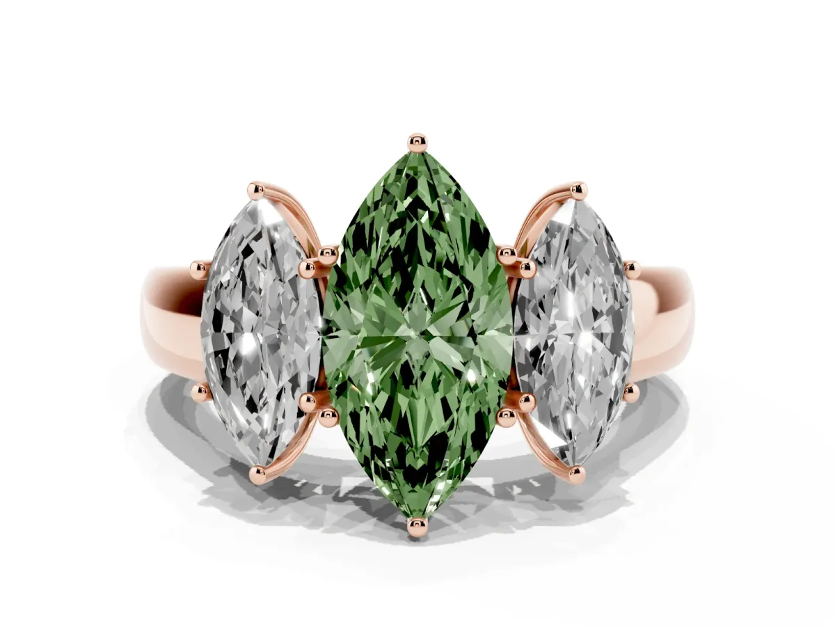 Fancy Green Three-Stone Marquise Cut Cut Diamond Ring with Prong Setting and Classic Band Rose gold