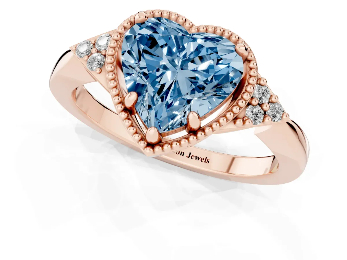 Fancy Blue Heart Cut Diamond Halo Ring with Tapered Band and Four-Prong Setting Rose gold