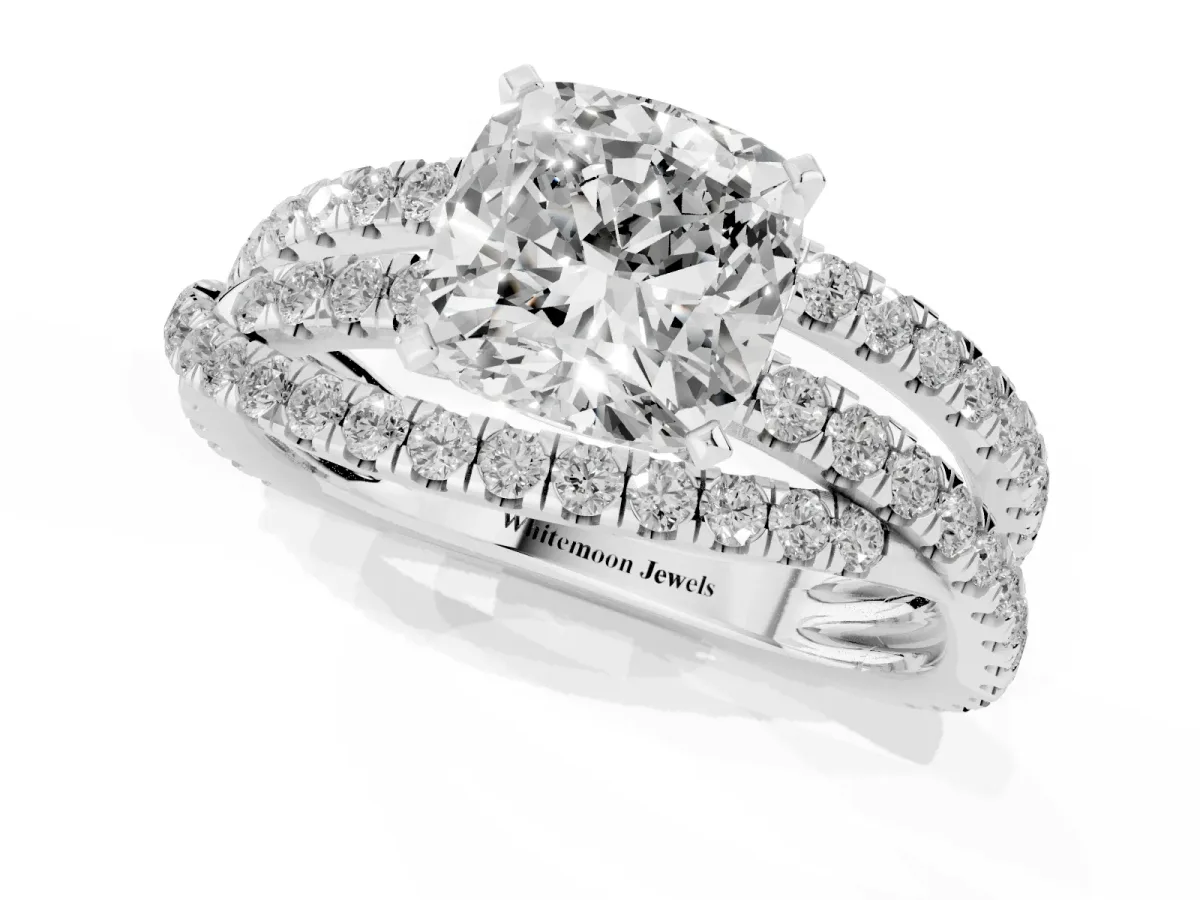 Cushion Cut Solitaire Twist Band with Pavé Setting and Four-Prong Setting Silver