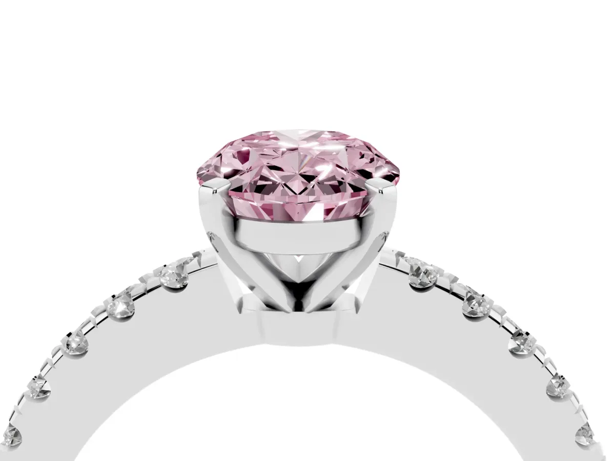 Fancy Pink Oval Cut Solitaire Diamond with Pavé Band and Four-Prong Setting Silver
