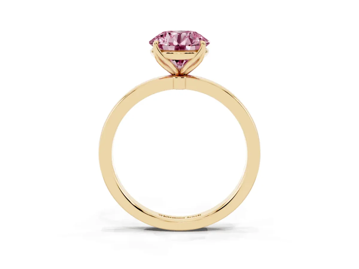Fancy Pink Round Cut Diamond Solitaire Ring with Thin Band and Prong Setting Yellow gold
