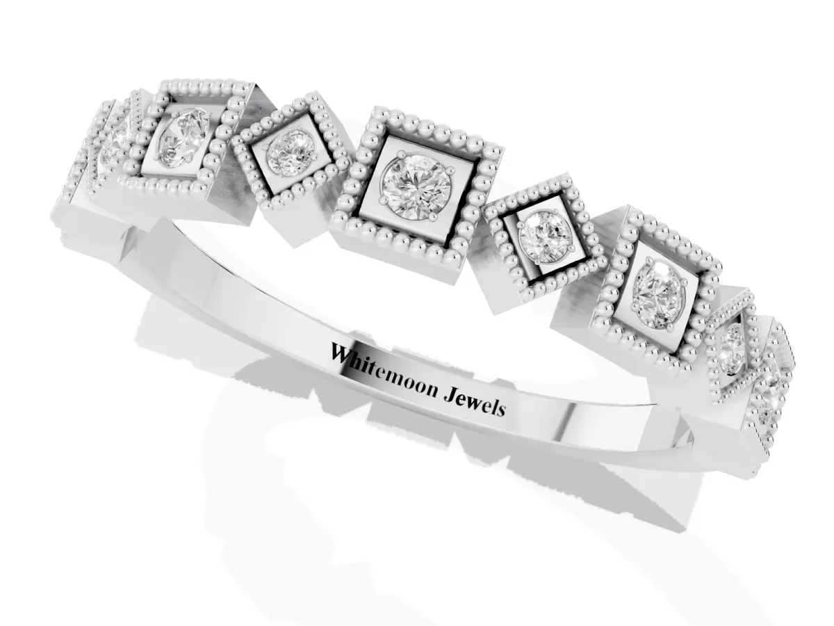 Milgrain Square Diamond Eternity Band with Bezel Setting Silver