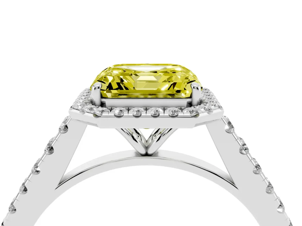 Fancy Yellow Asscher Cut Halo Pave Diamond Engagement Ring with Four-Prong Setting Silver