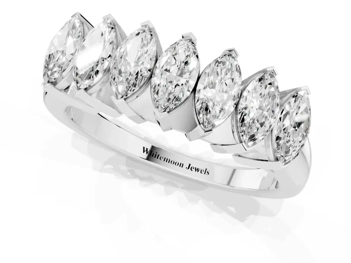 Marquise Diamond Prong Set White Gold Curved Band Silver