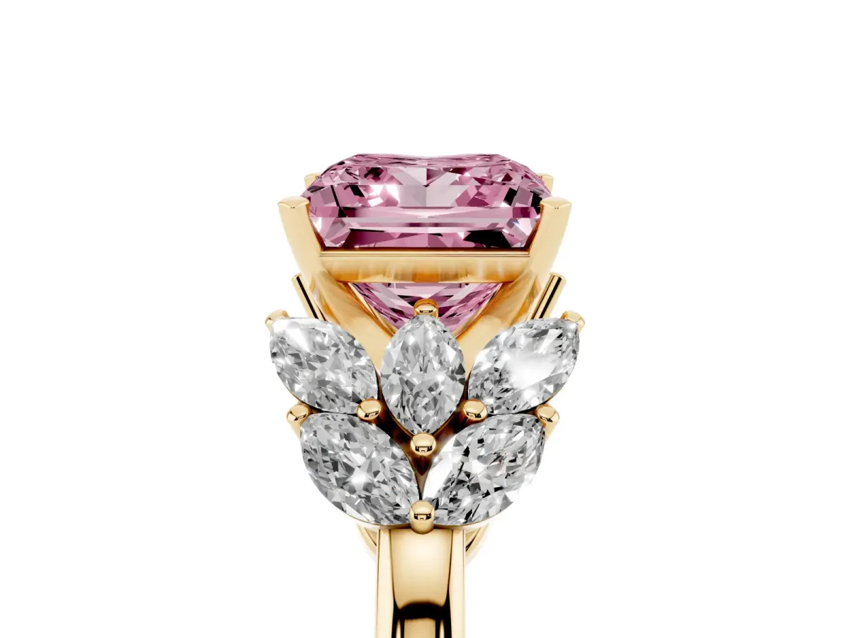 Fancy Pink Princess Cut Diamond Cluster Leaf Design Ring with Prong Setting Yellow gold