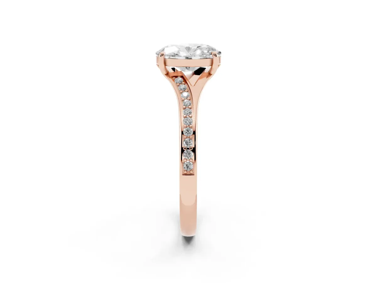 Oval Cut Diamond Solitaire Ring with Pavé Band and Prong Setting Rose gold