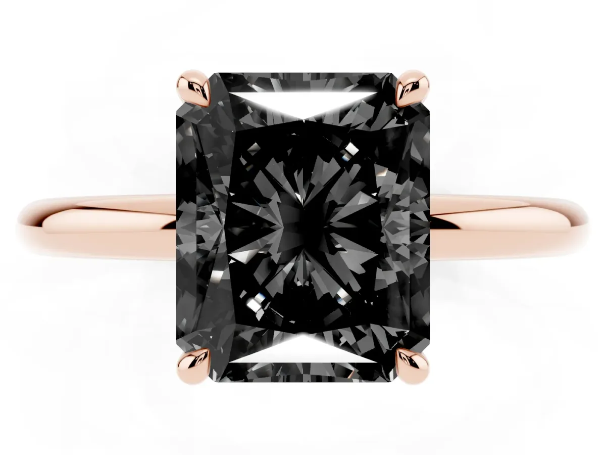 Fancy Black Radiant Cut Diamond Solitaire Ring with Thin Band and Four-Prong Setting Rose gold