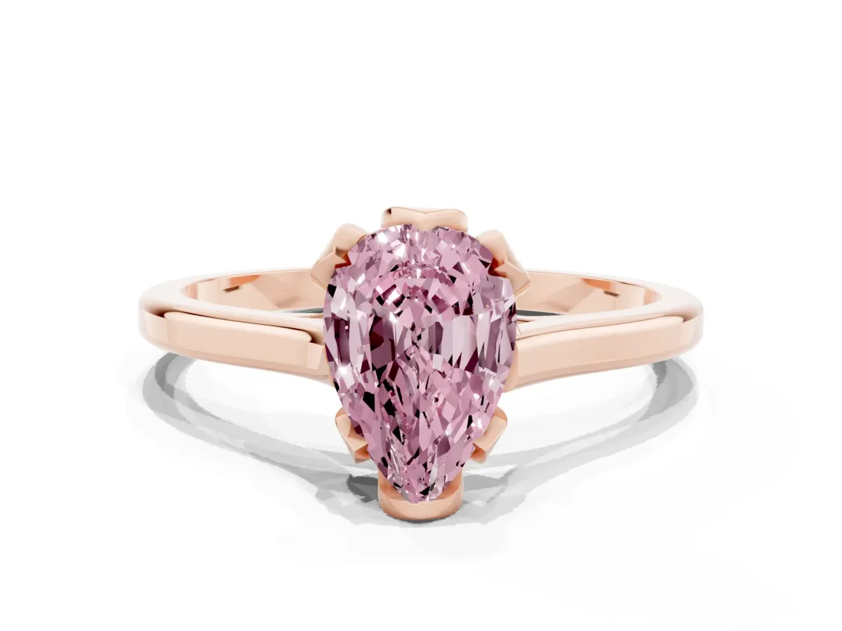 Fancy Pink Pear Cut Diamond Solitaire Ring with Flower Prong Setting and Classic Band Rose gold
