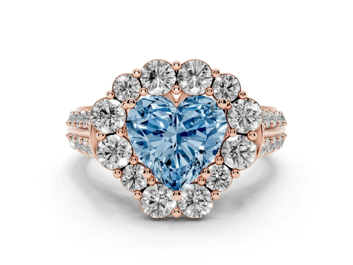Fancy Blue Heart Cut Halo Diamond Engagement Ring with Split Shank and Prong Setting Rose gold