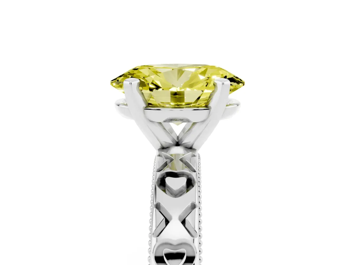 Fancy Yellow Oval Cut Solitaire Diamond Engagement Ring with XO Engraved Band and Four-Prong Setting Platinum