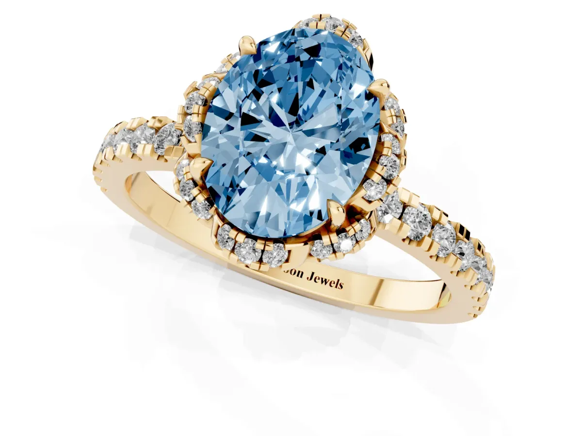 Fancy Blue Oval Cut Diamond Halo Pave Band with Four-Prong Setting Yellow gold