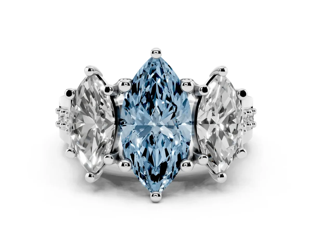 Fancy Blue Marquise Cut Diamond Three-Stone Ring with Channel Set Band and Four-Prong Setting Silver
