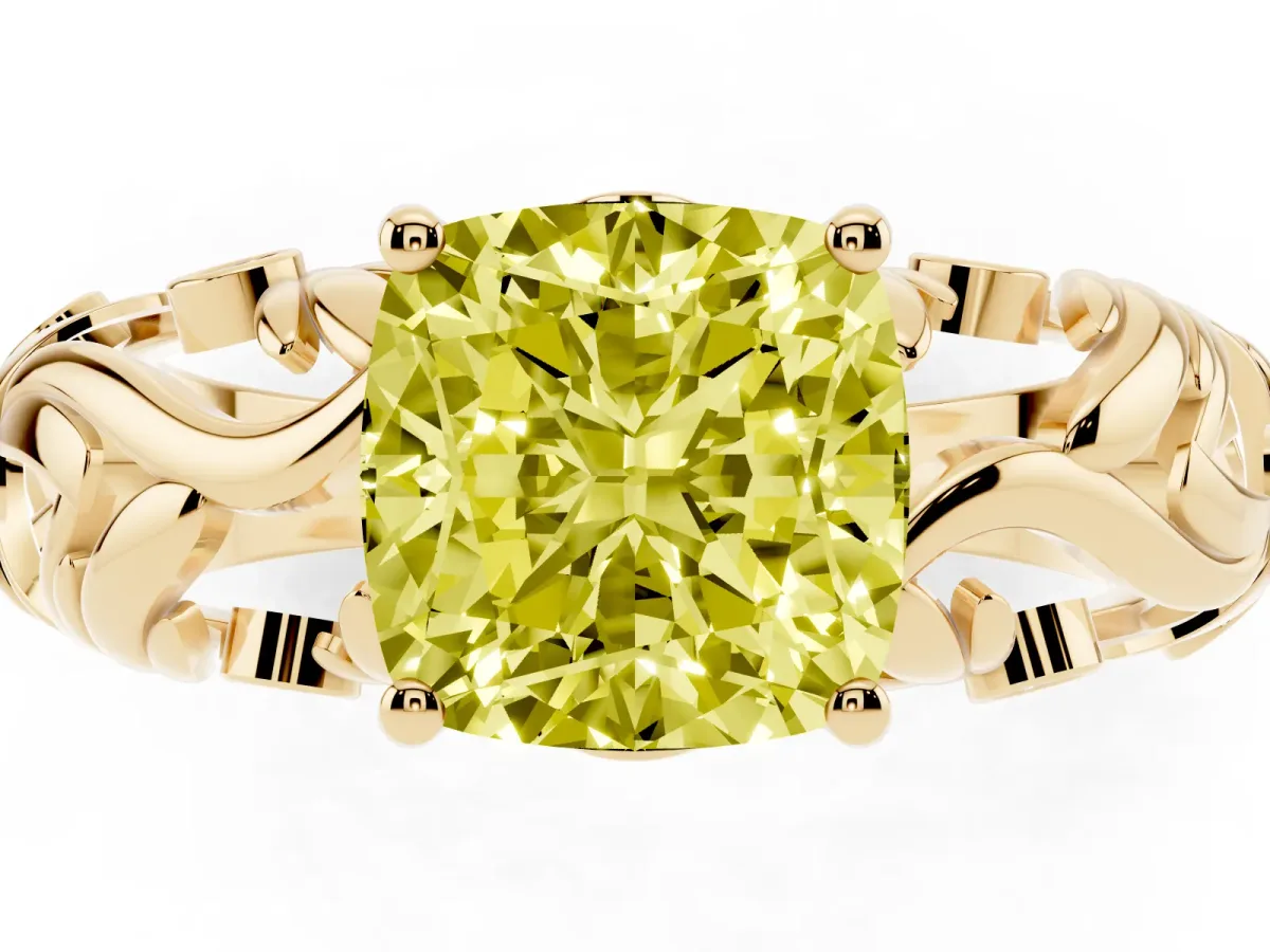 Fancy Yellow Cushion Cut Solitaire Diamond Leaf-Inspired Vine Band Ring with Prong Setting Yellow gold