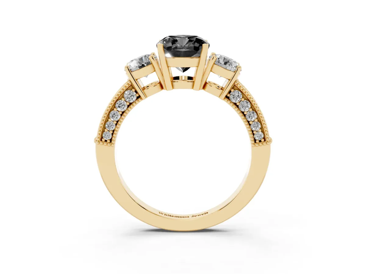 Fancy Black Cushion Cut Three-Stone Diamond Ring with Pavé Band and Four-Prong Setting Yellow gold