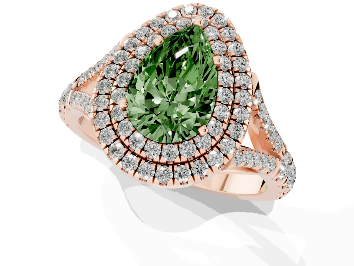 Fancy Green Pear Cut Cut Double Halo Split Shank Diamond Ring with Prong Setting Rose gold