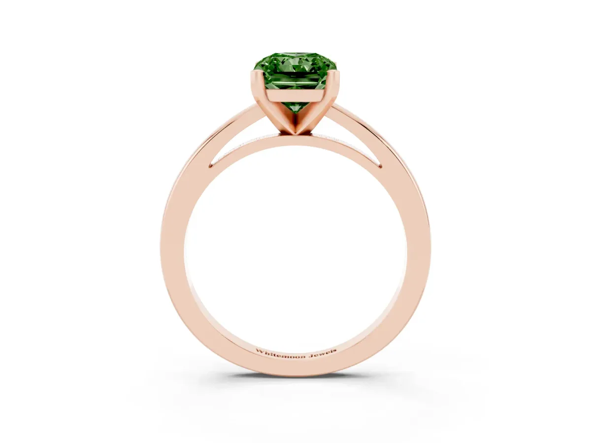 Fancy Green Radiant Cut Solitaire Diamond Engagement Ring with Four-Prong Setting on a Classic Band Rose gold
