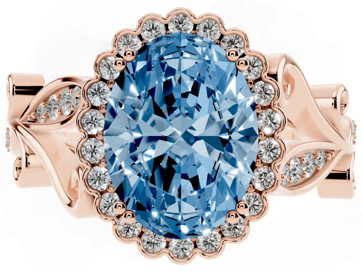 Fancy Blue Oval Cut Diamond Halo Ring with Vintage Split Shank and Four-Prong Setting Rose gold
