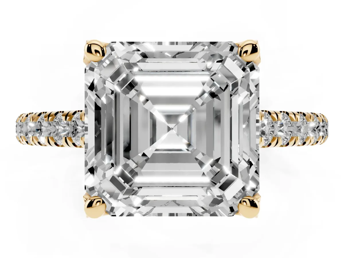 Asscher Cut Brilliant Diamond Solitaire with Pavé Band and Four-Prong Setting Yellow gold